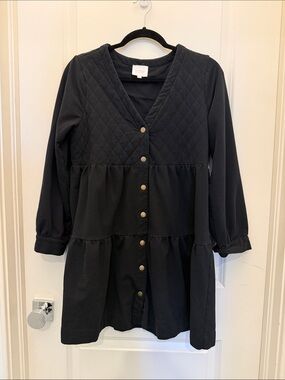sundays Black Quilted V-Neck Button-Tier Dress